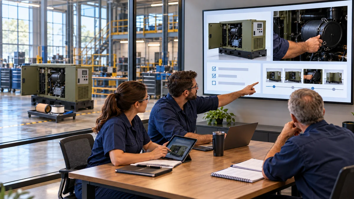A training team reviews the generator task sequence and evidence in a bright review room