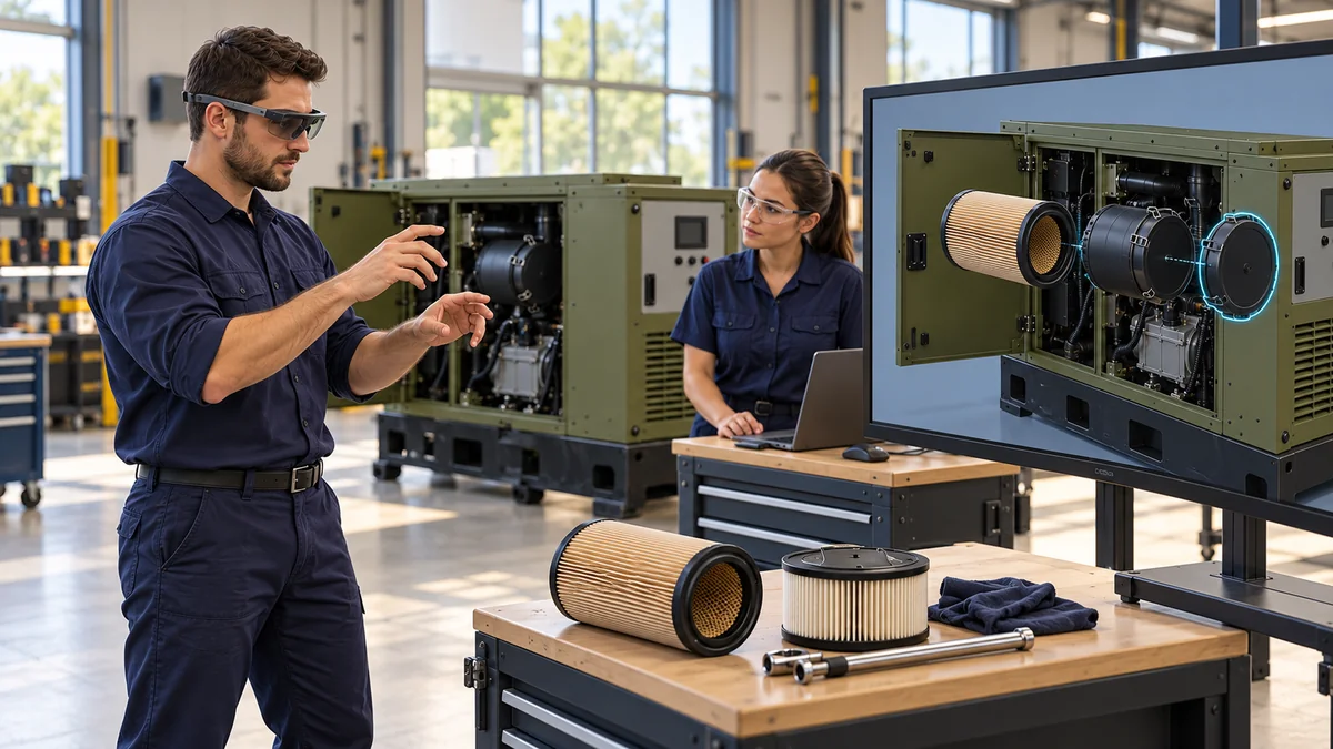 A learner in slim spatial glasses rehearses beside an instructor and an illustrative generator model