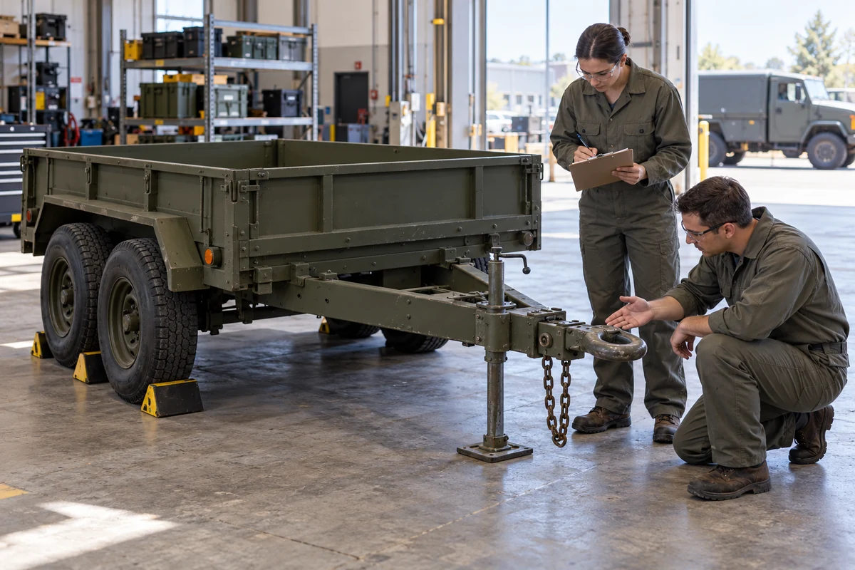 Two logistics maintainers document the coupling area of a stationary support trailer in a workshop.